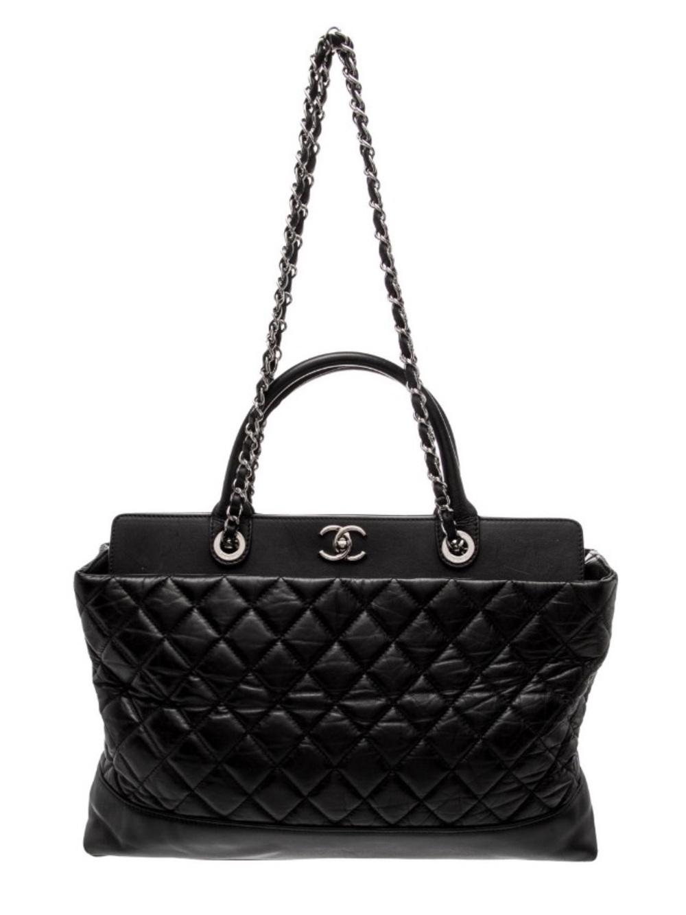 Chanel Be CC Black Aged Calfskin Quilted Dual Handle Tote Shoulder Bag